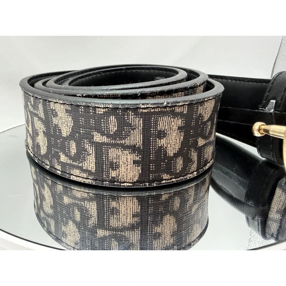 Dior Oblique Monogram Belt Beige Black Gold CD Logo Buckle Size 50/125